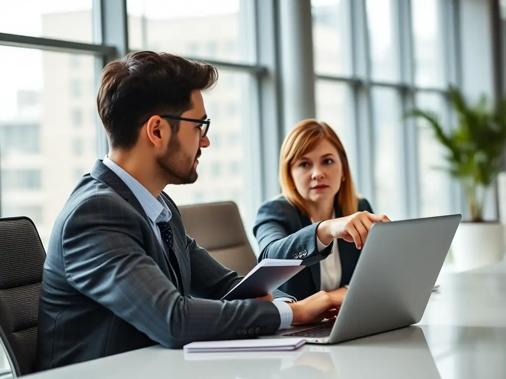 A professional business coach guiding a client through a strategic planning session, focusing on goal setting and action steps in a modern office setting.