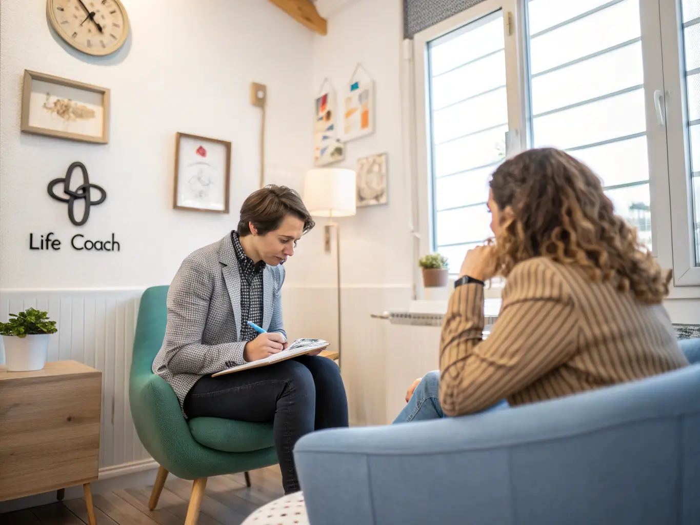 A coach and client engaged in a focused one-on-one coaching session, discussing strategies, representing Personalized Coaching Journeys.