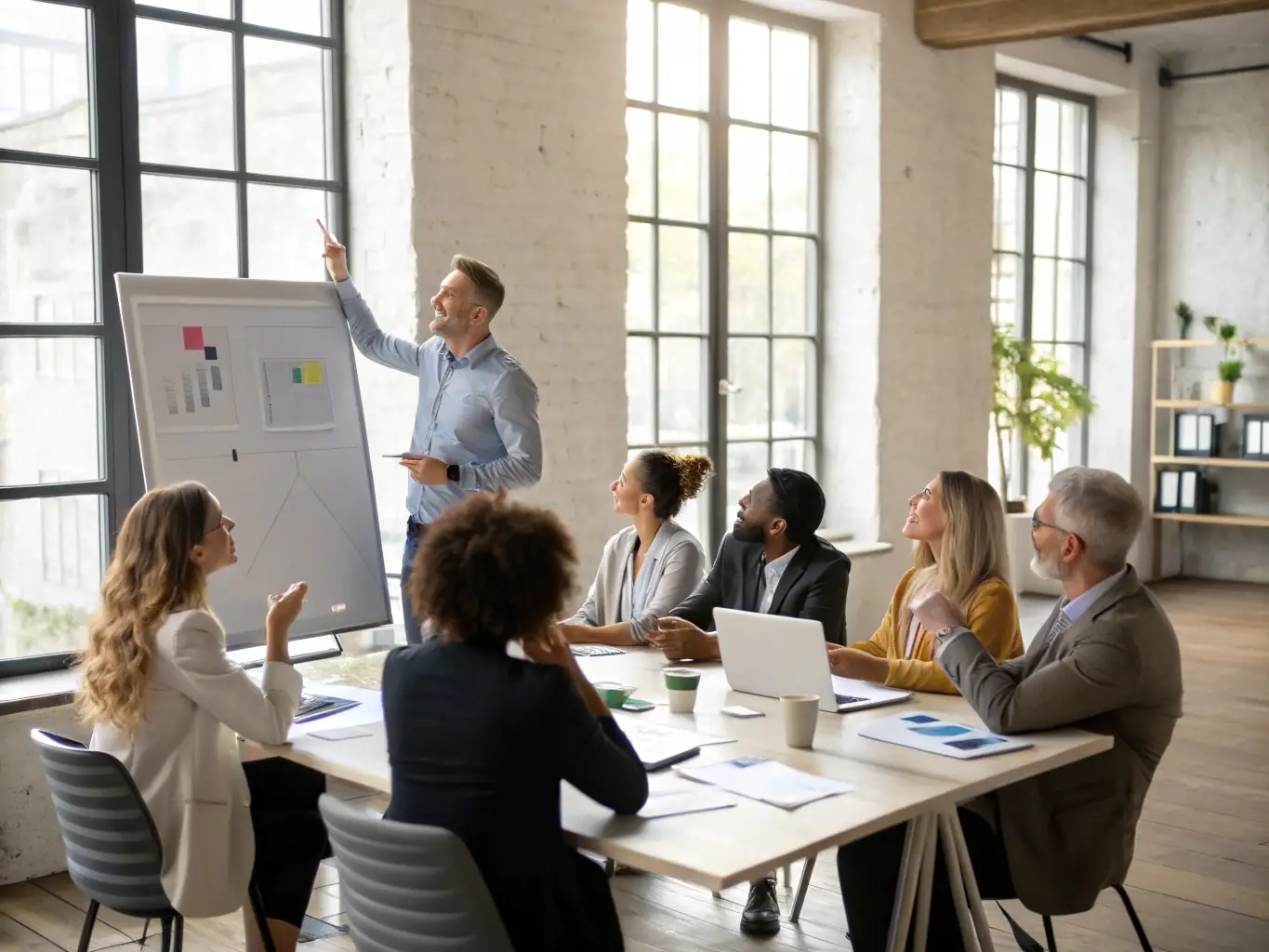 A professional business coach is leading a workshop session, guiding participants through a strategic planning exercise. The setting is a modern office space with collaborative tables and interactive whiteboards.
