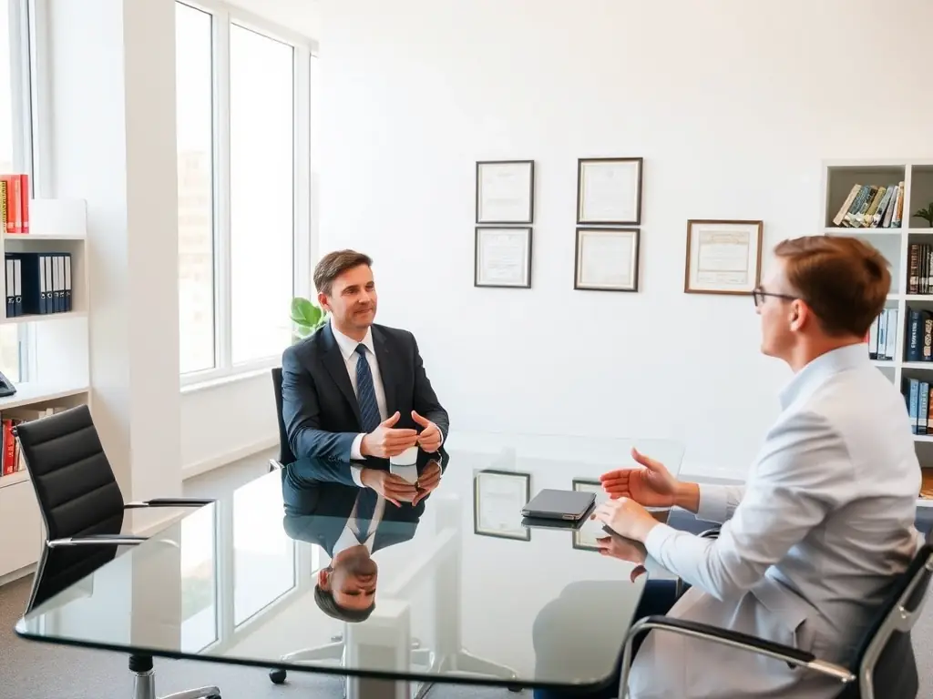 A coach is working one-on-one with a client in a bright, modern office. They are reviewing documents and discussing strategies, with a focus on personalized guidance and support.